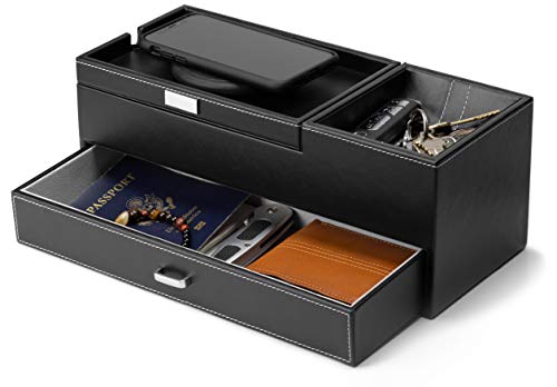 Captain Dresser & Nightstand Valet Organizer Storage Box with Catchall and Charging Station (Black)