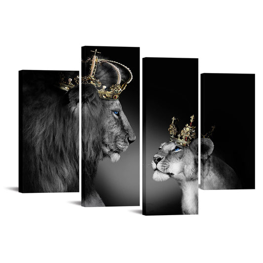 Large 4 Panel Wall Decor The Lion King and Queen with Crown Wall Art African Wild Animals Canvas Prints Pictures Black and White Modern Giclee Framed Artwork for Master Room Ready to Hang 48x33inch