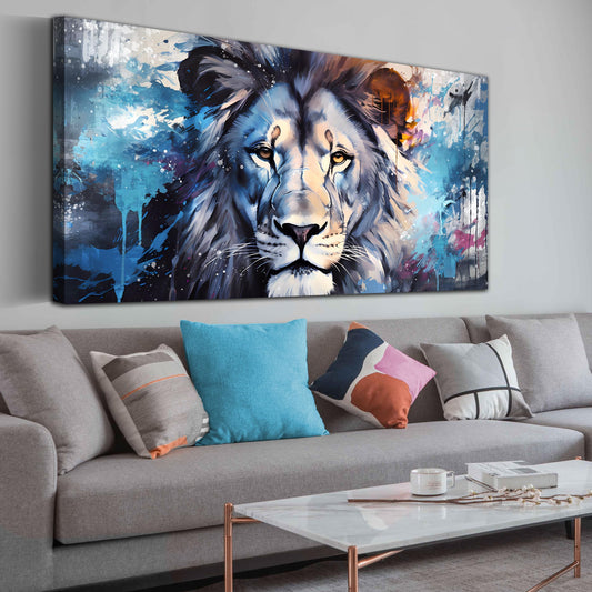 Large Wall Art for Living Room, Lion Canvas Print Painting for Bedroom, Blue Animal Picture Decor, Size 60x30 Inches